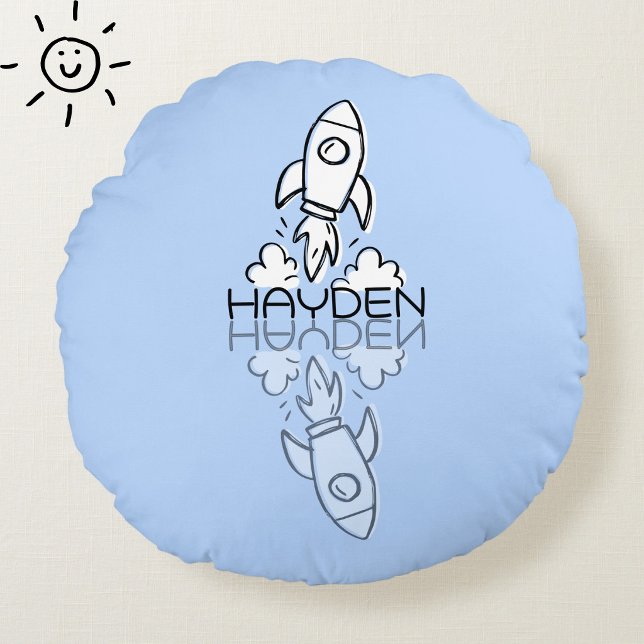 Cute Blue Rocket Reflection Doodle Custom Name  Round Cushion (Creator Uploaded)