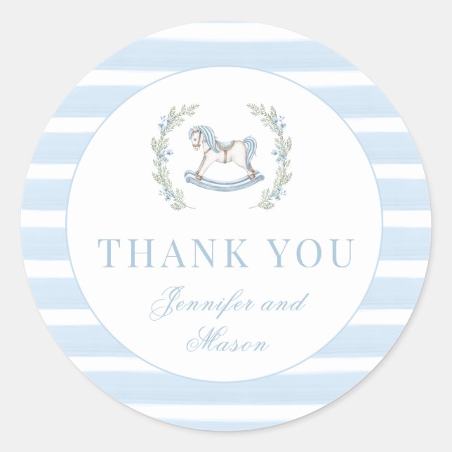 Cute blue rocking horse baby boy shower thank you classic round sticker (Front)