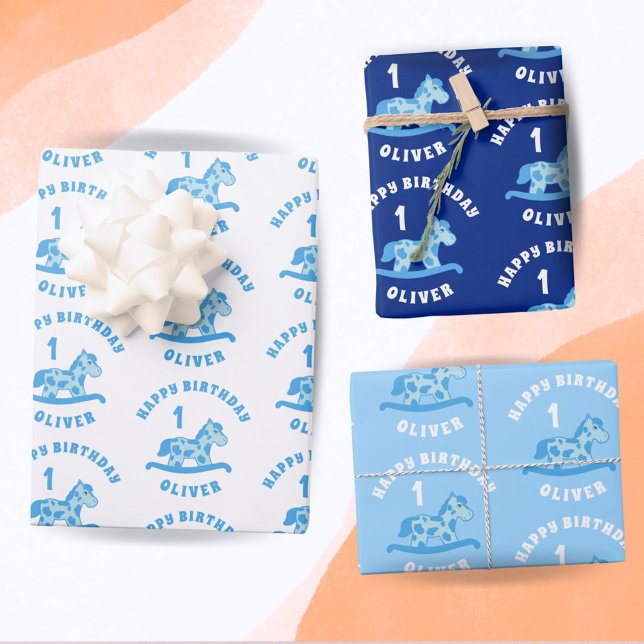 Cute Blue Rocking Horse Boy 1st Birthday  Wrapping Paper Sheet (Creator Uploaded)