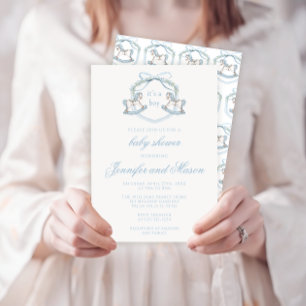 Cute blue rocking horse classic baby boy shower invitation