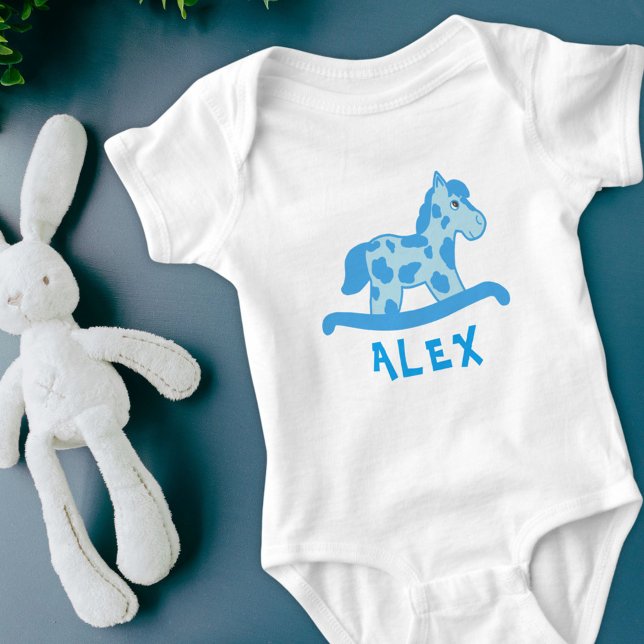 Cute Blue Rocking Horse Name Baby Bodysuit (Creator Uploaded)
