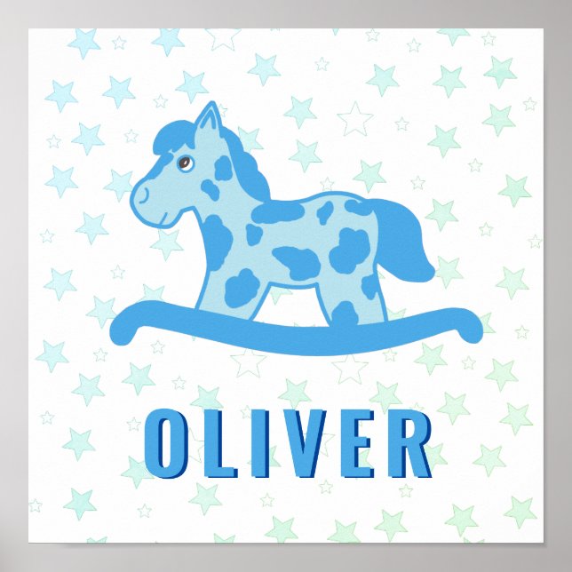 Cute Blue Rocking Horse Star Kids Name Poster (Front)
