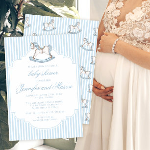 Cute blue rocking horse stiped baby boy shower invitation