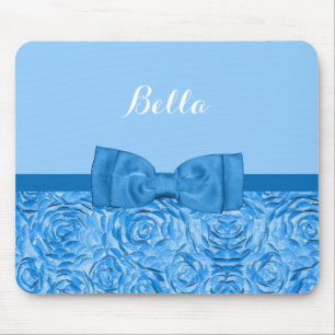 Cute Blue Rose Floral With Pretty Bow and Name Mouse Pad