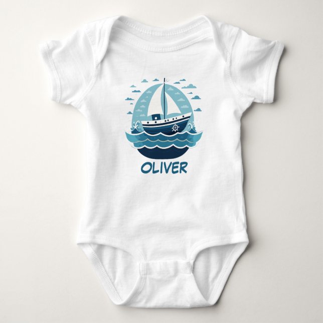 Cute Blue Sailboat Baby Bodysuit (Front)