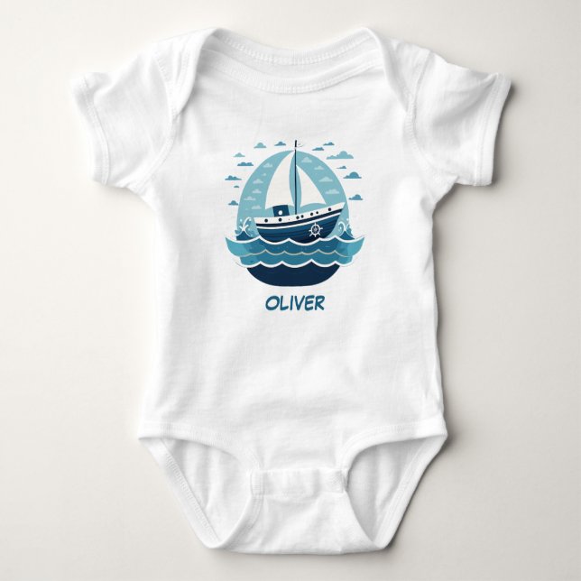 Cute Blue Sailboat Baby Bodysuit (Front)