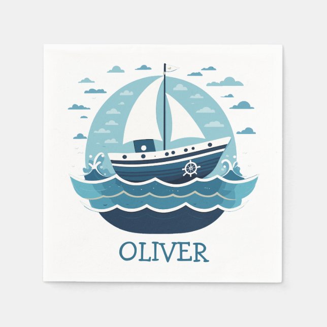 Cute Blue Sailboat Personalised Napkin (Front)