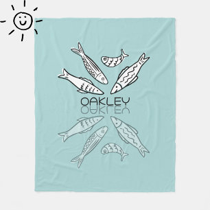 Cute Blue Sardines Reflection Doodle Custom Name Fleece Blanket