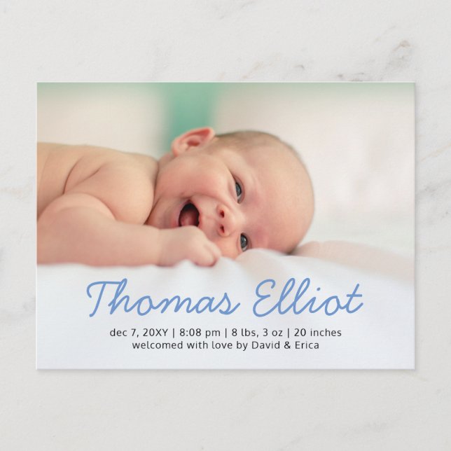 Cute Blue Script Photo Baby Announcement (Front)