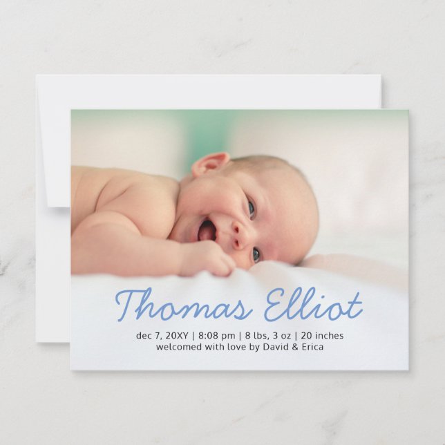Cute Blue Script Photo Baby Announcement (Front)