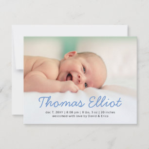 Cute Blue Script Photo Baby Announcement