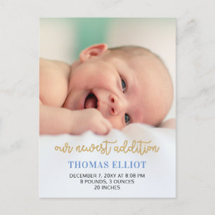 Cute Blue Script Photo Baby Announcement Postcard