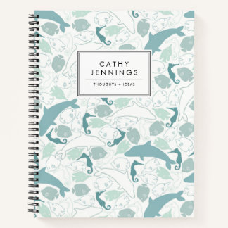 Cute Blue Sea Marine Animals Dolphin Fish Seahorse Notebook