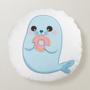 Cute Blue Seal with Doughnut Round Pillow
