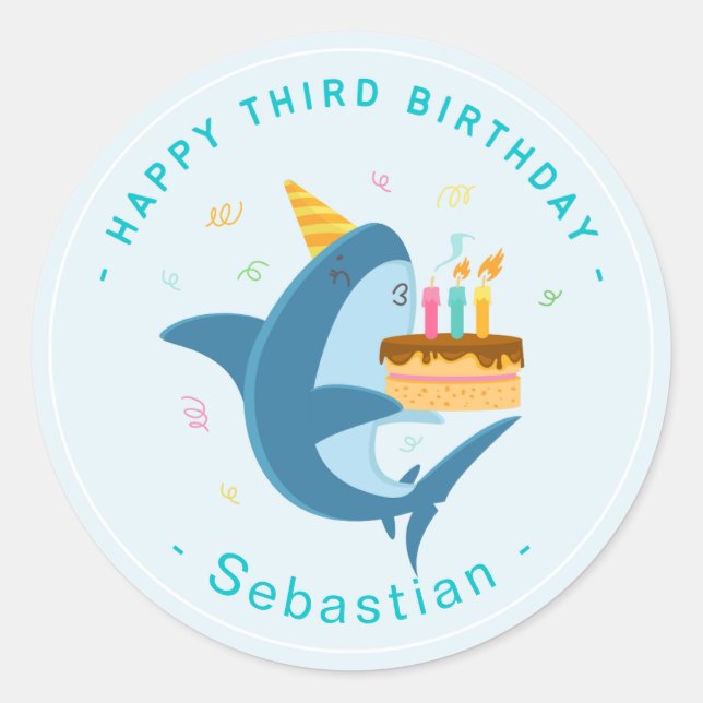 CUTE BLUE SHARK HAPPY THIRD BIRTHDAY BOY CLASSIC ROUND STICKER (Front)
