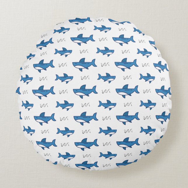 Cute Blue Shark Pattern Round Cushion (Front)