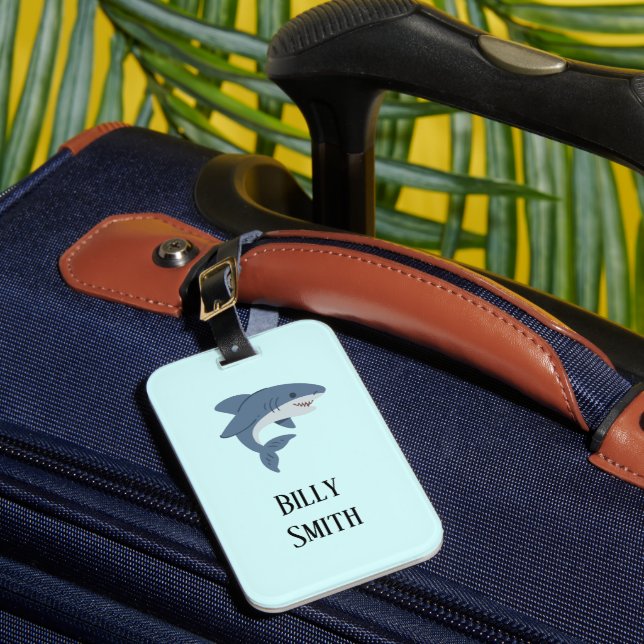 Cute blue shark personalised luggage tag (Front Insitu 1)
