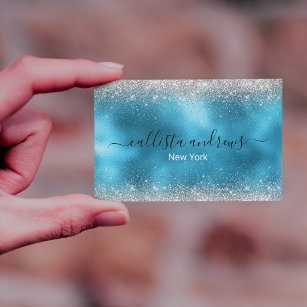 Cute blue silver faux glitter business card