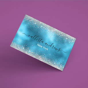 Cute blue silver faux glitter magnetic business card