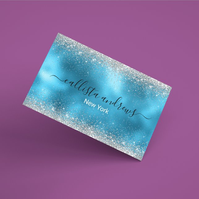 Cute blue silver faux glitter magnetic business card (Creator Uploaded)