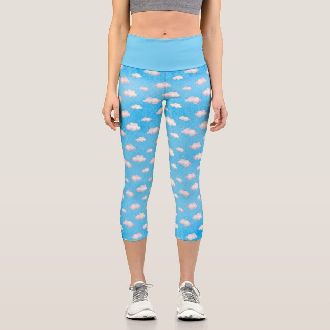 Cute Blue Sky Watercolor Cloud Pattern Capri Leggings (Front)
