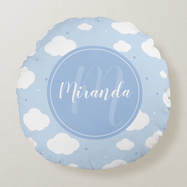 Cute Blue Sky with Custom Monogram and Name Round Cushion (Front)