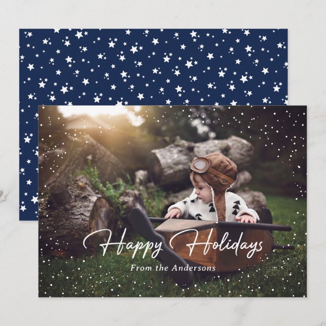 Cute Blue Snow Stars Photo Holiday Card (Front/Back)