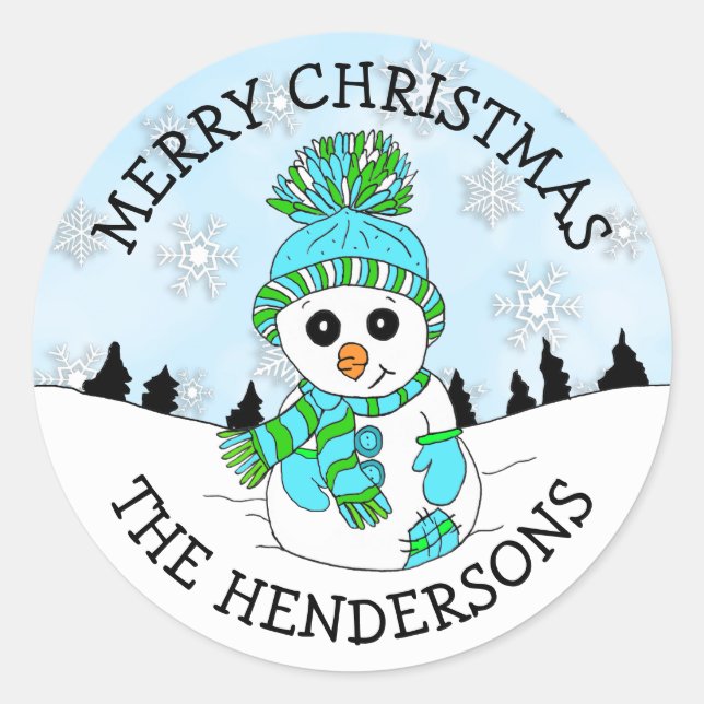 Cute Blue Snowman and Snowflakes Christmas Holiday Classic Round Sticker (Front)