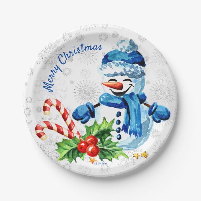 Cute Blue Snowman 'Merry Christmas' Paper Plate (Front)