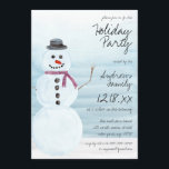 Cute Blue Snowman Watercolor Holiday Party Invitation<br><div class="desc">This cute and sweet holiday Christmas party invitation is perfect for the festive winter event. It features a frosty pastel blue hand-painted watercolor snowman dressed in a black top hat, burgundy red scarf, black coal for eyes, mouth, and button, and an orange carrot for his nose on top of a...</div>