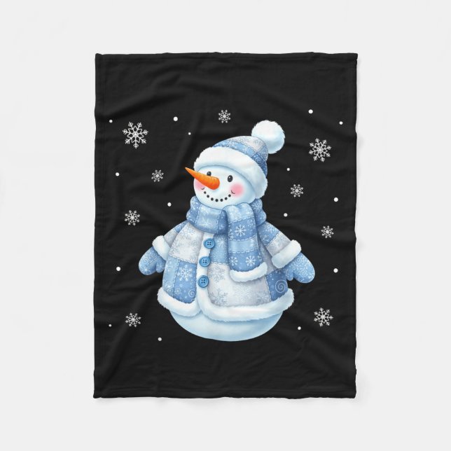 Cute Blue Snowman With Snowflakes Winter Christmas Fleece Blanket (Front)