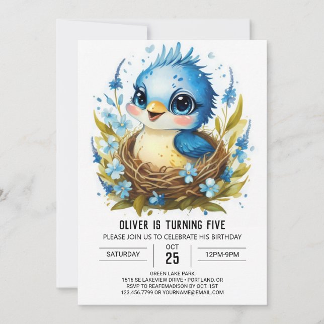 Cute Blue Songbird Bird Birthday Invitation (Front)