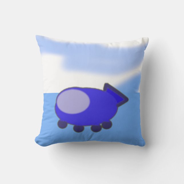 Cute Blue Spaceship on French Blue Clouds Cushion (Front)