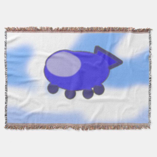 Cute Blue Spaceship on French Blue Clouds Throw Blanket (Front)