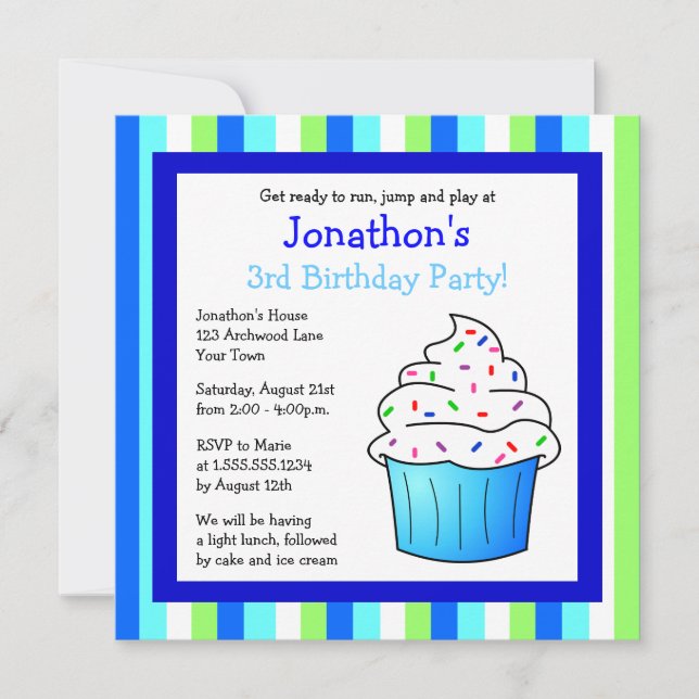 Cute Blue Sprinkle Cupcake Birthday Boy Invite (Front)