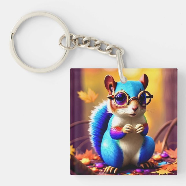 Cute Blue Squirrel with Glasses-56786 Key Ring (Front)