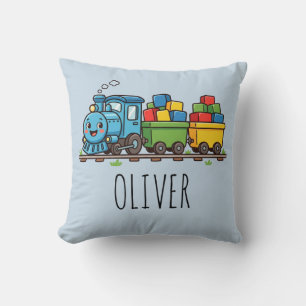 Cute Blue Steam Train Cushion
