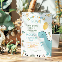 Cute Blue Stomp Chomp Party Dinosaur 1st Birthday
