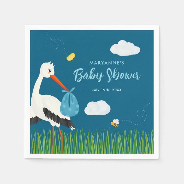 Cute Blue Stork Baby Shower Custom  Napkin (Front)