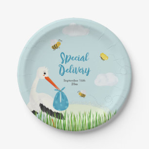 Cute Blue Stork Baby Shower Paper Plate