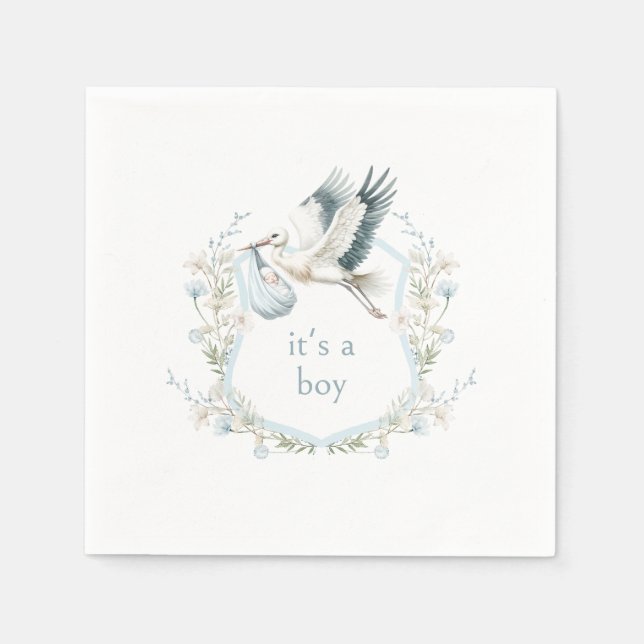 Cute Blue Stork Crest Baby Shower It's a Boy Napkin (Front)