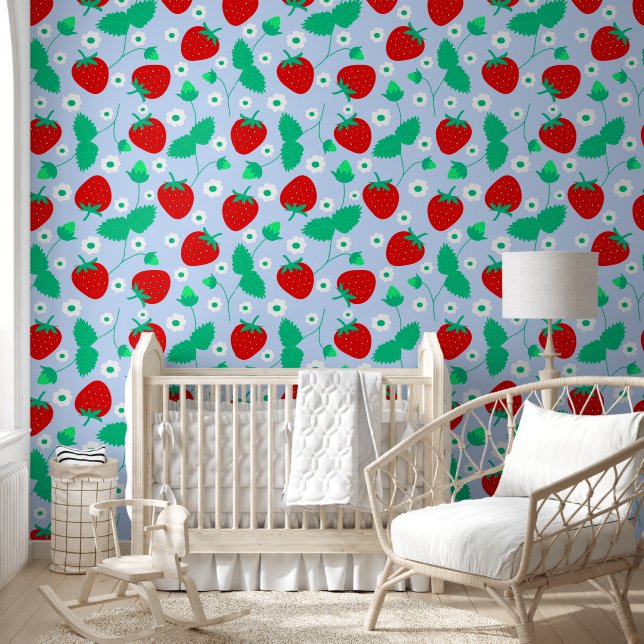 Cute Blue Strawberry & Daisy Pattern Kids Nursery  Wallpaper (Kids)