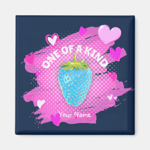 Cute Blue Strawberry Hearts One Of A Kind Pink Magnet