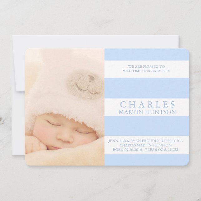 CUTE BLUE STRIPE BIRTH ANNOUNCEMENT PHOTOCARD (Front)