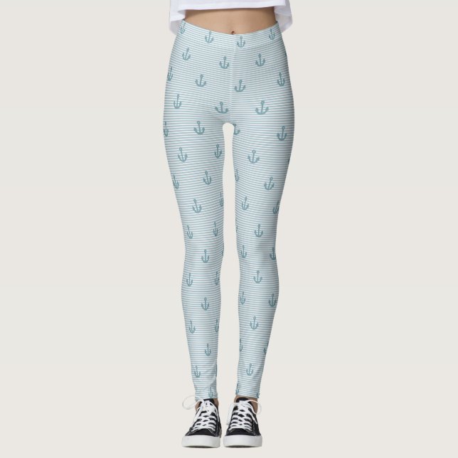 Cute Blue Striped Anchor Sailing Leggings (Front)