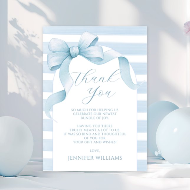Cute Blue Striped Bow Ribbon Baby Boy Shower Thank You Card (Creator Uploaded)