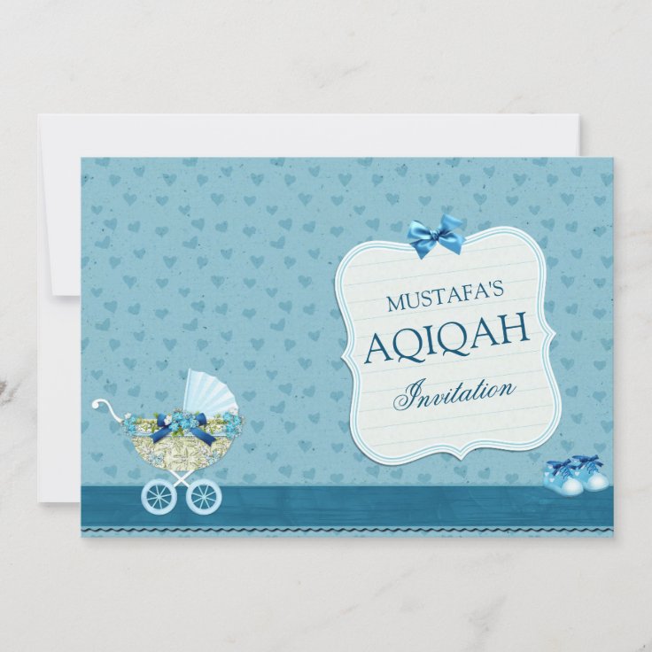 Cute Blue Stroller Baby Boy Aqiqah Invitation 