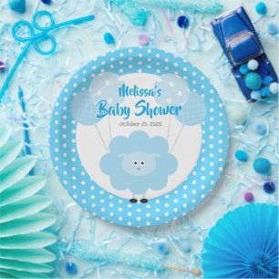 Cute Blue Sweet Lamb Baby Shower Modern Simple  Paper Plate