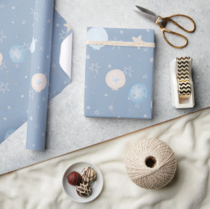 Cute Blue Taupe Balloons Stars Party Gift Wrapping Paper
