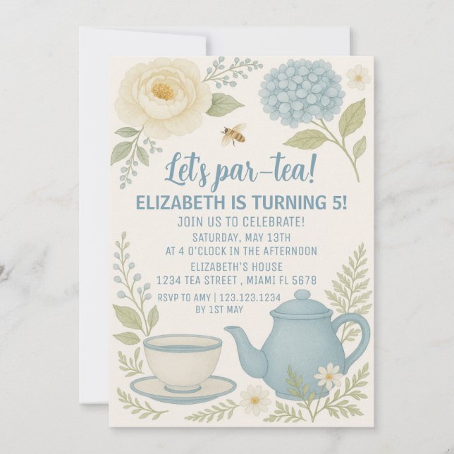 Cute Blue Tea Party Birthday Invitation (Front)